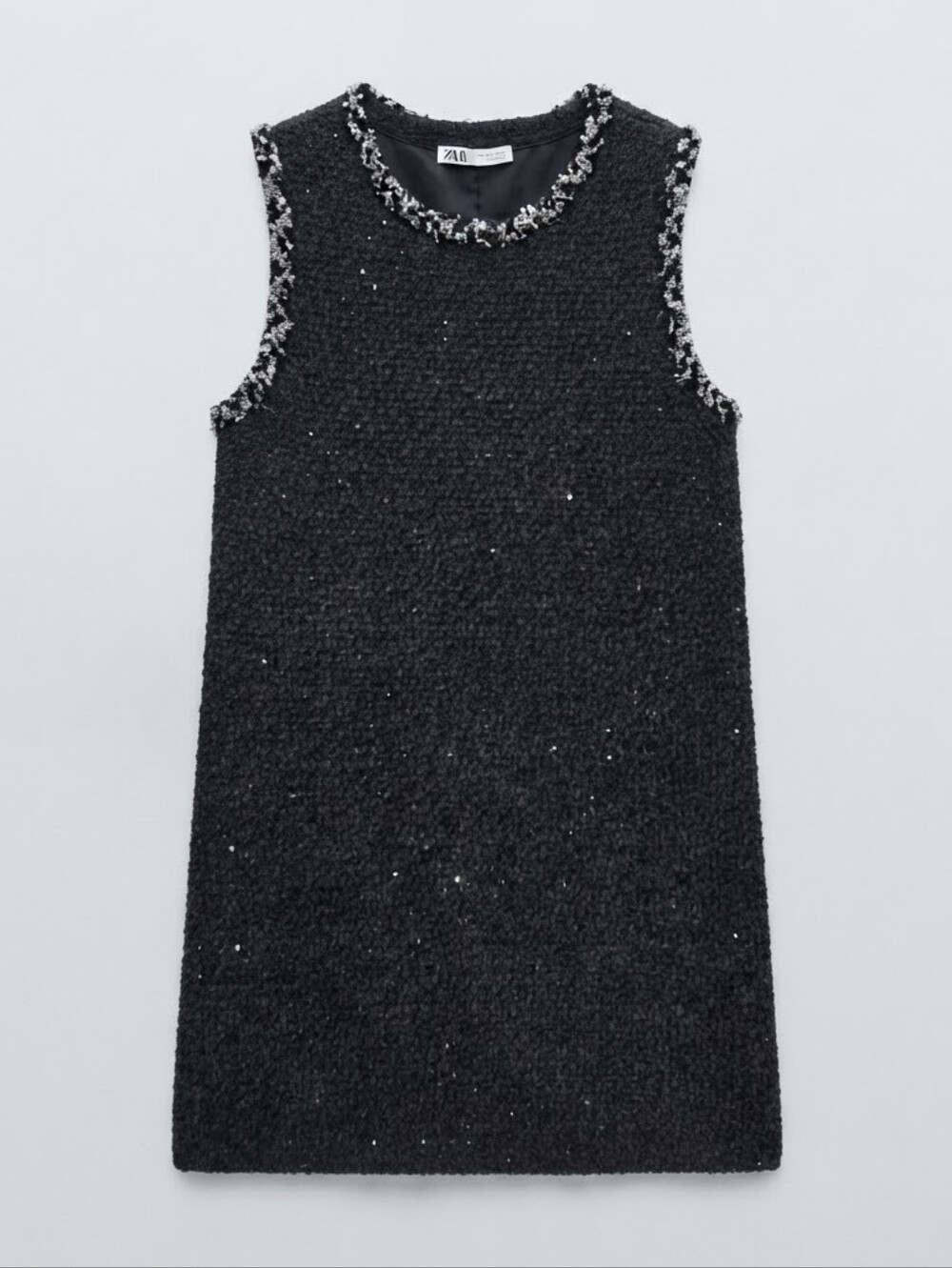 NWOT Zara Dark Grey Sequin & Beaded Boucle Tank Top / Tunic Dress. Medium